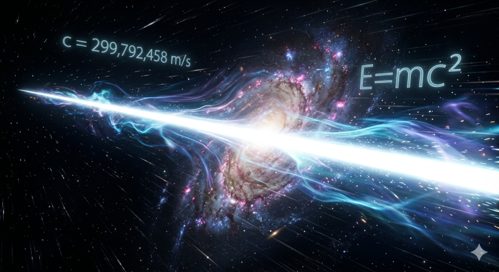 Artistic representation of the speed of light traveling through a warped galaxy with E=mc2 equations.